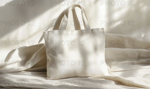 A white bag with a pattern on it is laying on a bed. The bag is empty and the bed is covered in a white sheet. AI generated