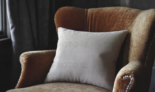 A brown chair with a white pillow on it. The pillow is fluffy and has a pattern on it. The chair is in a room with a window, and the curtains are drawn. Scene is cozy and comfortable. AI generated