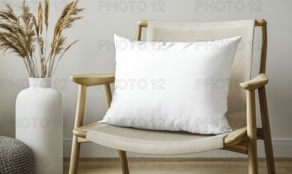 A white pillow sits on a wooden chair in front of a vase. The chair is a simple design with a zebra print. The room has a minimalistic feel with a few decorative elements, such as the vase. AI generated