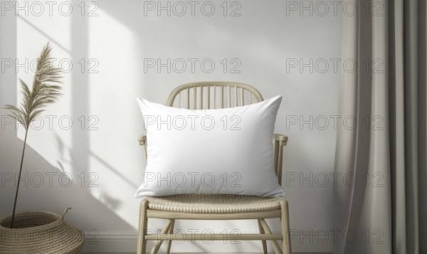 A white pillow sits on a chair in a room with a white wall. The chair is in front of a window, and the curtains are drawn. The room has a simple, minimalistic design. AI generated