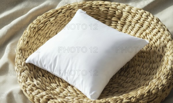 A white pillow sits on a woven basket. The basket is made of straw and has a rustic feel. The pillow is the main focus of the image, and it is clean and unblemished. AI generated