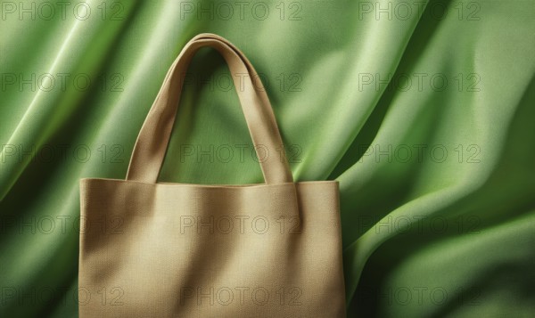 A brown purse is on a green background. The purse is made of a woven material and has a gold trim. The green background gives the image a sense of freshness and natural beauty. AI generated