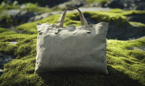 A brown bag with a green handle sits on a mossy rock. The bag is made of a woven material and has a unique design. Concept of nature and tranquility. AI generated