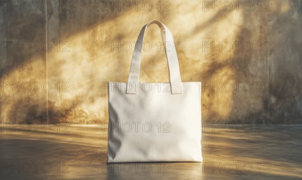 A white bag with a brown handle sits on a concrete floor. The bag is open and the handle is visible. The bag is placed in front of a wall, with the wall casting a shadow on the floor. AI generated