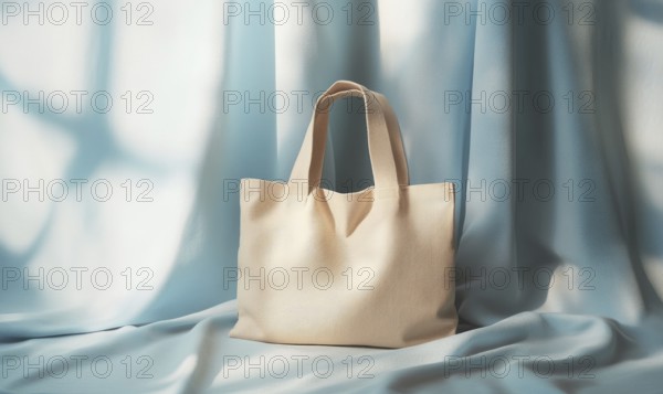 A tan purse is sitting on a blue cloth. The purse is made of leather and has a pattern on it. The cloth is blue and has a shiny texture. Concept of luxury and elegance. AI generated