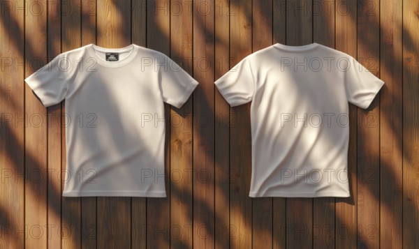 Two white t-shirts are hanging on a wooden surface, one on the left and one on the right. The t-shirts are both plain and have no design or writing on them. Scene is simple and minimalistic. AI generated
