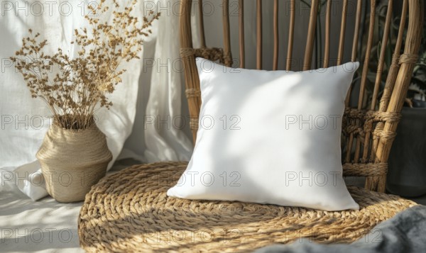 A white pillow sits on a woven mat in front of a vase of flowers. The pillow is placed on a chair, which is positioned in front of a window. Concept of relaxation and comfort, as the pillow. AI generated