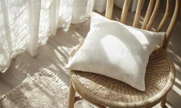 A white pillow sits on a wooden chair in a room with white curtains. The pillow is placed on the chair, and the chair is positioned in front of a window. The room has a simple and minimalistic design. AI generated