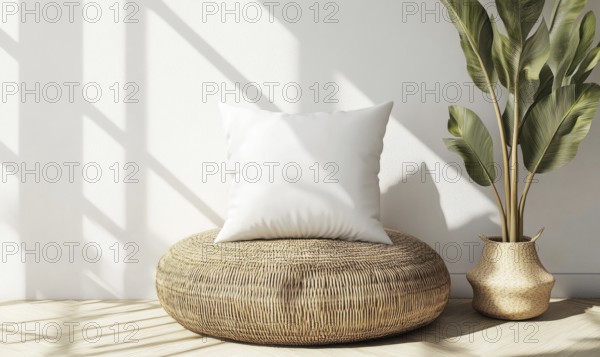 A white pillow sits on a round wicker seat in front of a large potted plant. The room is bright and airy, with sunlight streaming in through the window. The combination of the pillow, seat. AI generated