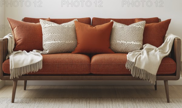 Warm and inviting orange sofa with patterned pillows and fringe throws in a mid-century modern design. AI generated