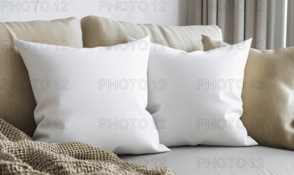 Minimalist seating area featuring white and beige pillows with a checked blanket creating a serene ambiance. AI generated