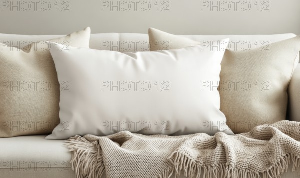 Cozy sofa setup with beige pillows, a large white pillow, and a fringed blanket in a neutral setting. AI generated