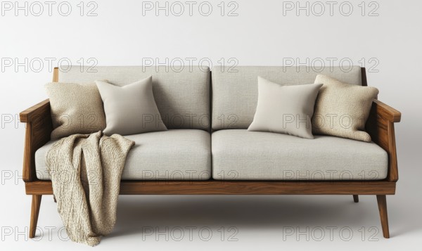 A brown couch with pillows and a blanket on it. The couch is made of wood and has a modern design. The pillows are white and arranged in a way that creates a cozy and inviting atmosphere. AI generated