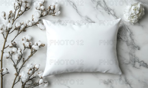 A white pillow framed by cotton branches on a marble background with soft shadows. AI generated