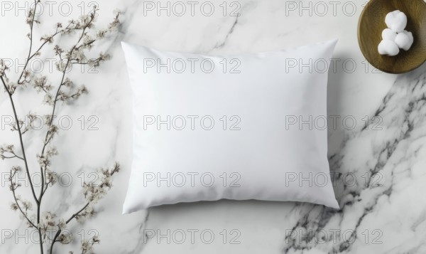 A white pillow sits on a marble countertop. The pillow is unmade and has a floral pattern on it. The countertop is clean and shiny, and there is a bowl of cotton balls on the counter. AI generated