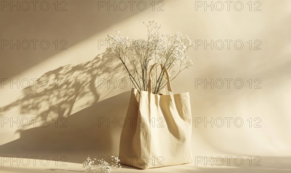 A fabric bag filled with white flowers, casting shadows on a beige backdrop. AI generated