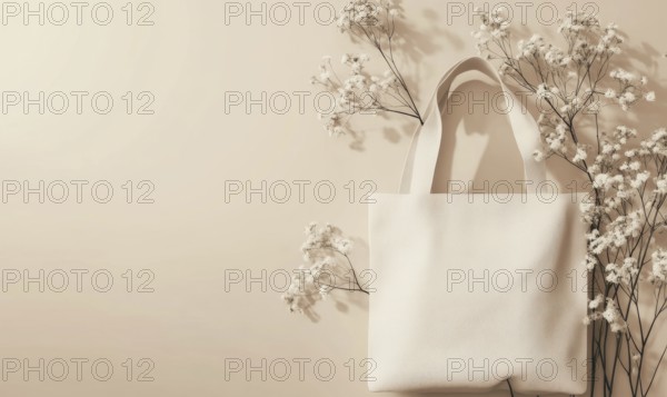A white tote bag surrounded by delicate white flowers against a soft beige background. AI generated