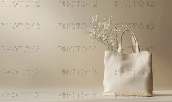 A white canvas bag with a white flower in it. The bag is placed on a white background. AI generated