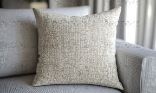 A pillow with a pattern on it sits on a couch. The pillow is white and has a texture that looks like it's made of fabric. AI generated