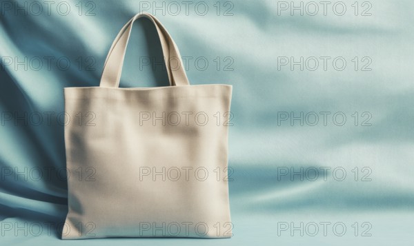 A white bag is on a blue background. The bag is open and the handle is visible. The bag is placed on a table or a surface. AI generated