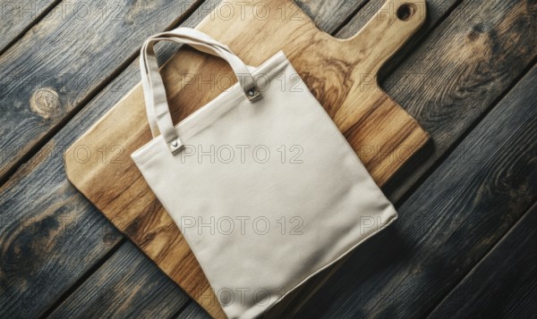 A white bag is on a wooden cutting board. The bag is made of canvas and has a brown handle. The bag is placed on the cutting board, which is made of wood. AI generated