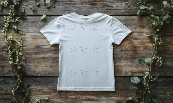 A white t-shirt is sitting on a wooden table. The shirt is unbuttoned and has no design on it. The table is surrounded by green leaves, giving the scene a natural and calming atmosphere. AI generated