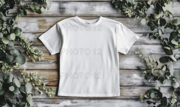 A white t-shirt is displayed on a wooden surface with green leaves surrounding it. Concept of simplicity and natural beauty, as the white shirt stands out against the backdrop of the green leaves. AI generated