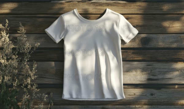 A white shirt is hanging on a wooden wall. The shirt is unbuttoned and the sleeves are rolled up. The shirt is hanging in the sun, casting a shadow on the wall. AI generated