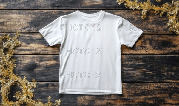 A white t-shirt is displayed on a wooden table. The shirt is unbuttoned and has no design or writing on it. The table is made of wood and has a gold and silver decoration around it. AI generated