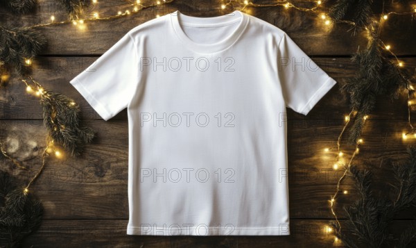 A white t-shirt is sitting on a wooden table. The shirt is unbuttoned and has no design on it. The table is covered with Christmas lights, creating a festive atmosphere. AI generated