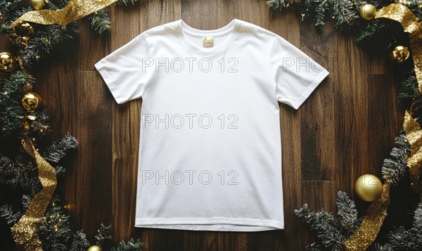 A white t-shirt is displayed on a wooden surface with a gold ribbon around it. Concept of simplicity and elegance, as the white t-shirt stands out against the natural wood grain. AI generated