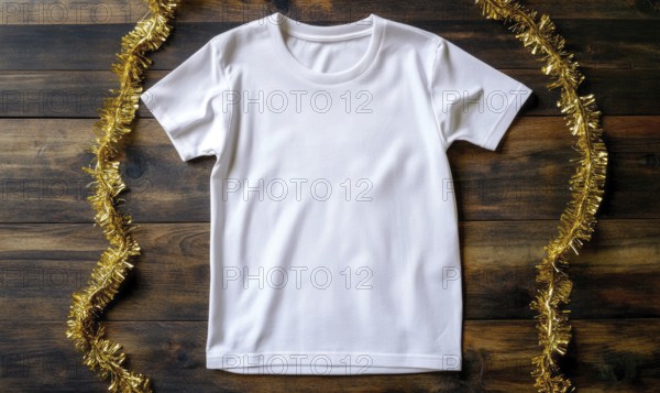 A white shirt is on a wooden table with a gold and silver garland. The shirt is unbuttoned and has no design on it. AI generated