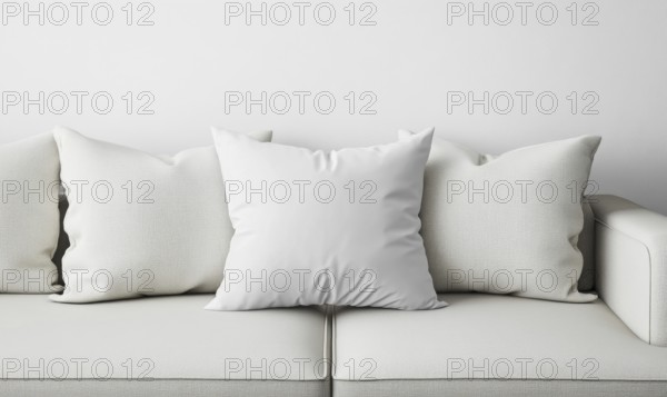 A minimalist white sofa adorned with soft pillows creates a serene and modern setting. AI generated