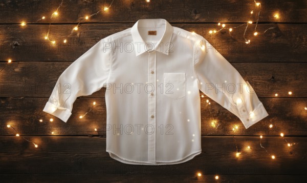 A white shirt with a brown tag is displayed on a wooden surface. The shirt is hanging on a wall with lights around it, creating a warm and cozy atmosphere. AI generated