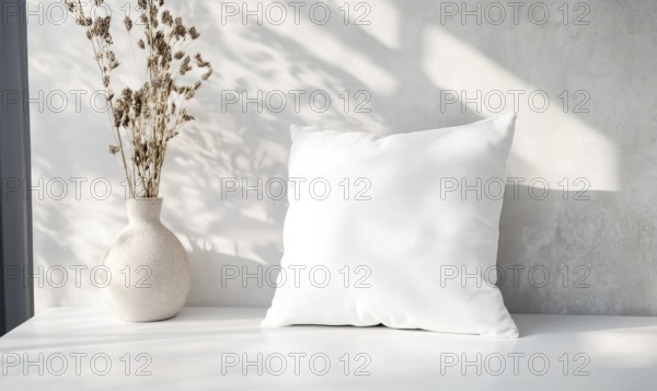 A white pillow sits on a table next to a vase of flowers. The pillow is unmade and the flowers are wilted. Scene is somewhat sad and lonely. AI generated