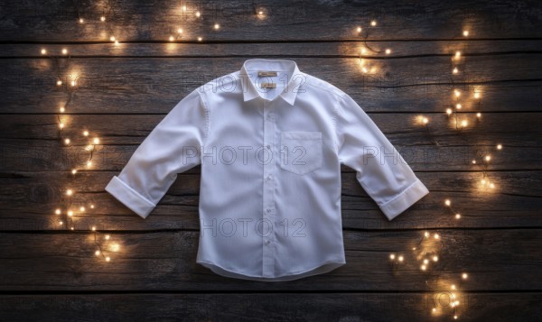 A white shirt is displayed on a wooden surface with a star pattern. The shirt is folded and placed in the center of the image. Scene is warm and inviting, as the shirt is a simple. AI generated
