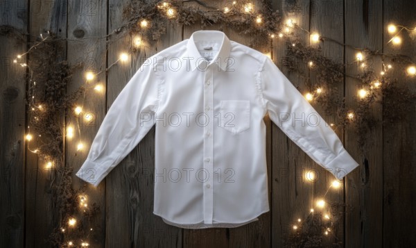 A white shirt is displayed on a wooden surface with a string of lights. The shirt is folded and placed on the table. AI generated