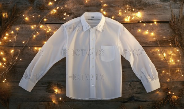 A white shirt is displayed on a wooden surface with a string of lights. The shirt is folded and placed on the table. The lights create a warm and cozy atmosphere, making the shirt look inviting. AI generated