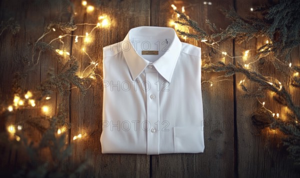 A white shirt is laying on a wooden table with Christmas lights in the background. The shirt is folded and placed on the table, creating a cozy and festive atmosphere. AI generated
