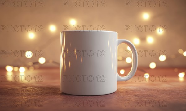 A white coffee mug sits on a table with a red background. The light from the background creates a warm and cozy atmosphere. AI generated