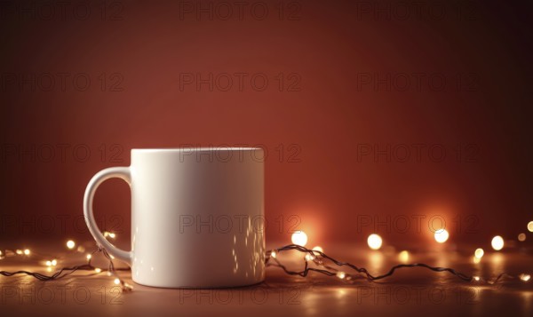 A white coffee cup sits on a table with a red background. The cup is empty and the table is illuminated by a string of lights. The scene conveys a cozy and warm atmosphere. AI generated