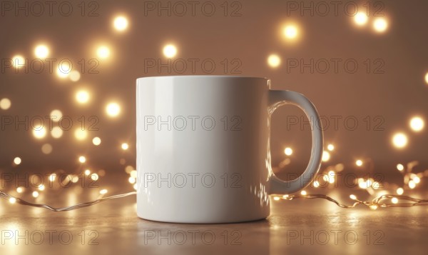 A white coffee mug sits on a wooden table with a string of lights behind it. The lights create a warm and cozy atmosphere, perfect for enjoying a hot cup of coffee on a chilly day. AI generated