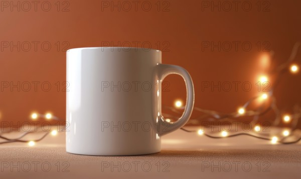 A white coffee mug sits on a table with a warm orange background. The mug is empty, but it is the perfect vessel for a hot beverage. The warm glow of the lights in the background creates a cozy. AI generated