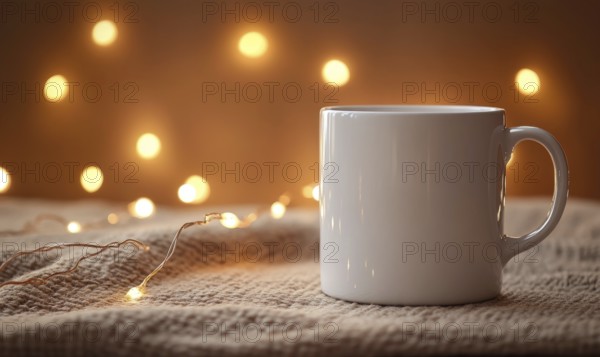 A white coffee cup sits on a blanket with a light shining on it. The light creates a warm and cozy atmosphere, perfect for enjoying a hot cup of coffee on a chilly day. AI generated