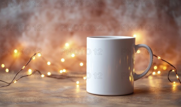 A white coffee cup sits on a table with a string of lights in the background. The scene conveys a cozy and warm atmosphere, perfect for enjoying a hot beverage on a chilly day. AI generated