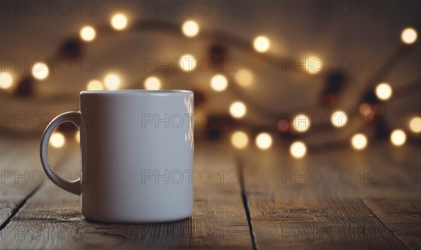 A white coffee cup sits on a wooden table with a string of lights in the background. The scene conveys a cozy and warm atmosphere, perfect for enjoying a hot cup of coffee on a chilly day. AI generated