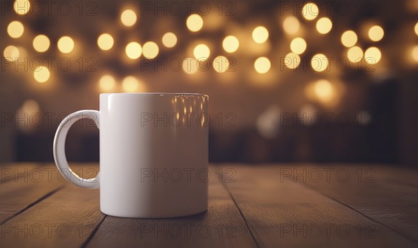 A white coffee mug sits on a wooden table. The table is lit by a light source, creating a warm and cozy atmosphere. The mug is empty, but it is positioned in a way that it is filled with coffee. AI generated