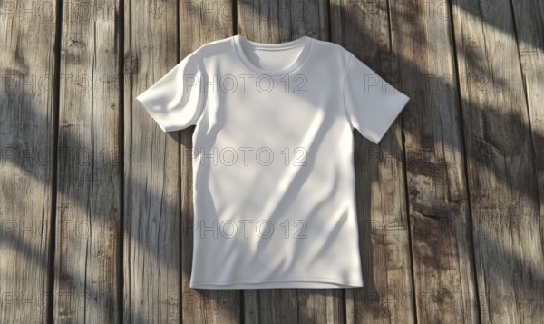 A white shirt is laying on a wooden surface. The shirt is unbuttoned and has a collar. The shirt is not worn and is not folded. The wooden surface is the background of the image. AI generated
