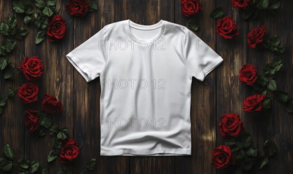 A white t-shirt is displayed on a wooden surface with red roses surrounding it. Concept of elegance and sophistication, as the white shirt is the focal point of the scene. AI generated