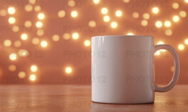 A white coffee mug sits on a table in front of a lighted background. The lighted background creates a warm and cozy atmosphere, perfect for enjoying a hot cup of coffee. AI generated
